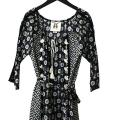 Figue Dress Size Medium Black Tan Knee Length 3/4 Sleeve Tasseled Bohemian