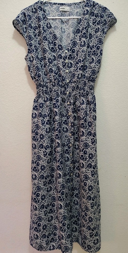 Sonoma Smocked midi dress women M short sleeve Button front Blue
