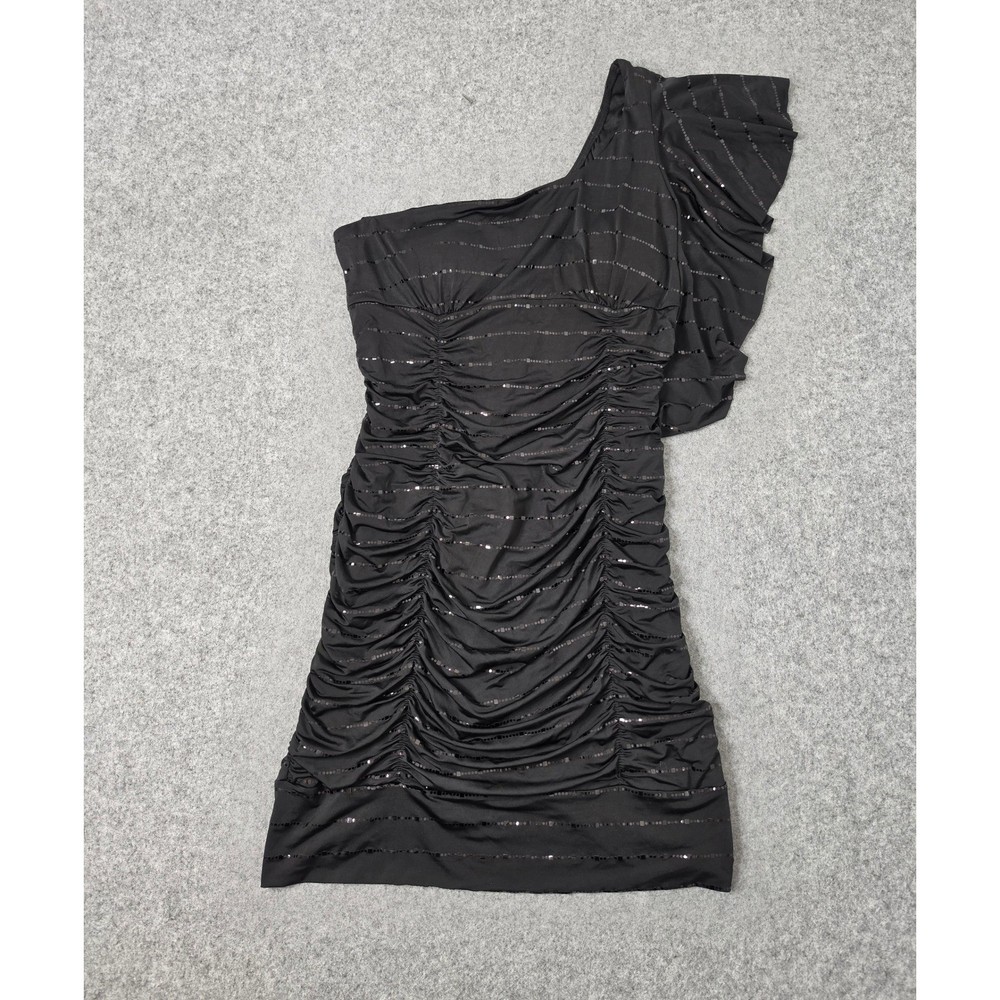 VTG Taboo One Shoulder Ruched Sequin Stripe Mini Dress Women XL Black Lined 90s
