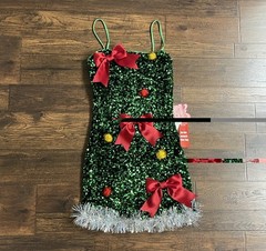 EyeShadow S Green Sequin Mini Dress With Pom Pom Garland Trim Festive Accents