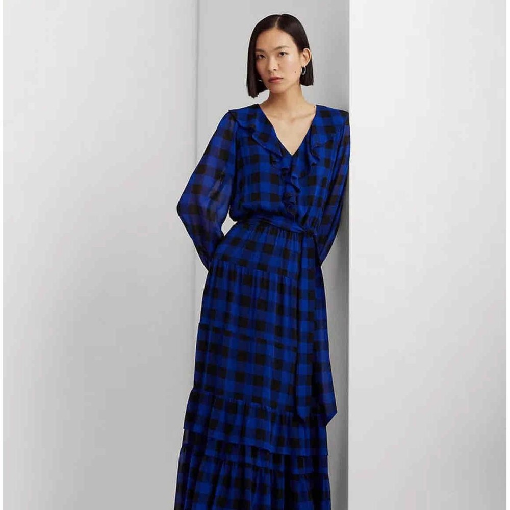NWT Emily LoveLock LRL Holiday 23 Blue Long Sleeve Plaid Maxi Dress 0