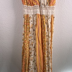 Justify Women’s M Ivory Orange Floral V-Neck Crochet Spaghetti Strap Maxi Dress