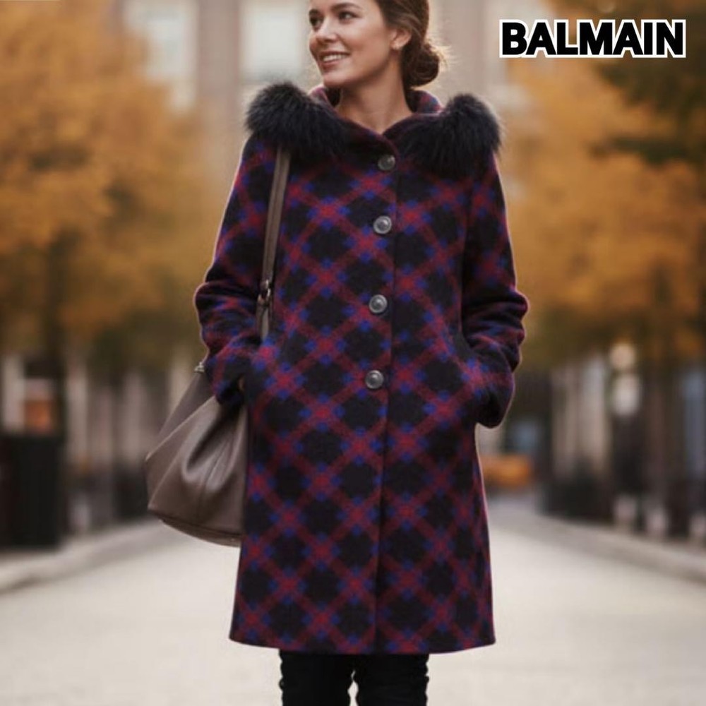BALMAIN Hooded Long Coat M 90cm Length Blue Fox Fur Classic Design