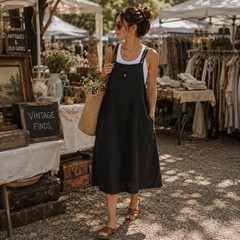 Talbots Black 100% Linen Pinafore Midi Dress Double Strap Pockets Small USA