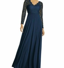 Dessy Collection Back Lace and Chiffon Maxi Dress Gown Midnight Blue Sz 12 NWT