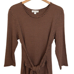 AMOUR VERT Colombe Scallop Striped Rib Knit Midi Dress Size L Tie Waist Slit