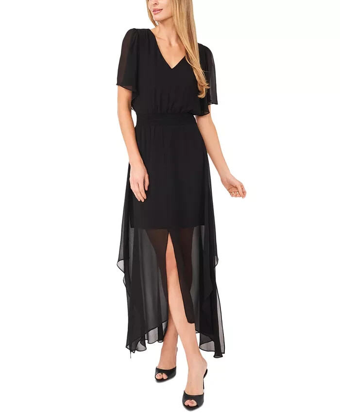 CeCe Women&rsquo;s Smocked Waist Flutter Sleeve Midi Dress Black XS