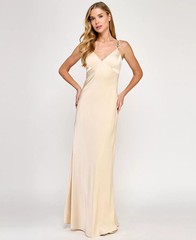 SENI & CADE Satin Gown Juniors Large Chain Trim Lightweight Maxi Dress Sand Tan