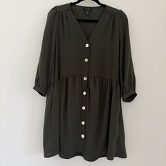 New Look Khaki Smock Dress Size 10 V-Neck Button Front 3/4 Sleeve Mini Casual