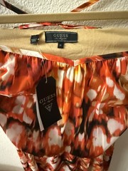 Guess S Orange Red Floral High Low Dress Ruffle V Neck Boho Tropical