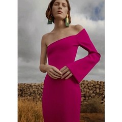 Solace London Fiorella One Shoulder Dress Hot Pink Crepe Knit Midi US 2 OS1913