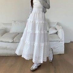 New Spring Summer White Hollow Long Cake Skirt Women High Waist Lace Patchwork R