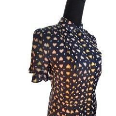 J.Crew Navy Heart Polka Dot Print Ruffle Sleeve Button Front Silk Dress Size 4