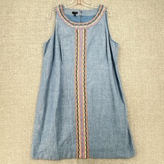 Talbots Plus Linen Cotton Embroidered Shift Dress Women 14W Blue Sleeveless Boho
