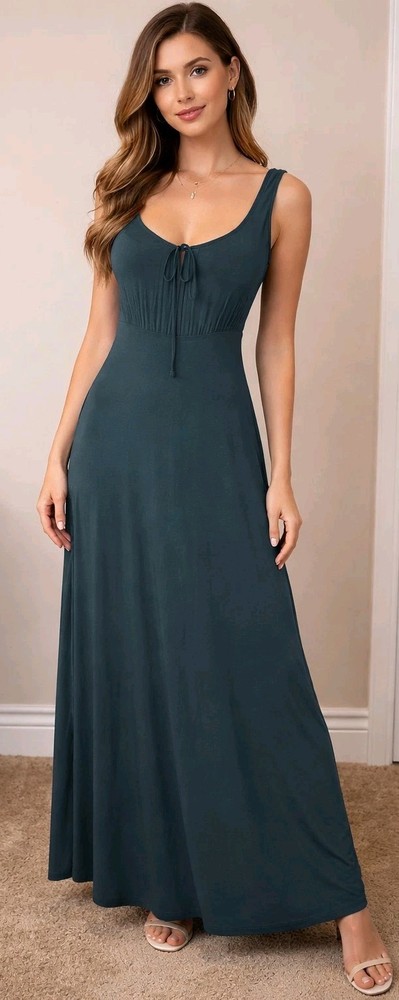 Gap peasant Front Tie Maxi Rayon Dress Bottle Green Summer Femme Gypsy Flowy