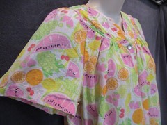 Elegant Emily Pink Orange Green Fruit Waffle Short Sleeve Pearl Snap House Dress
