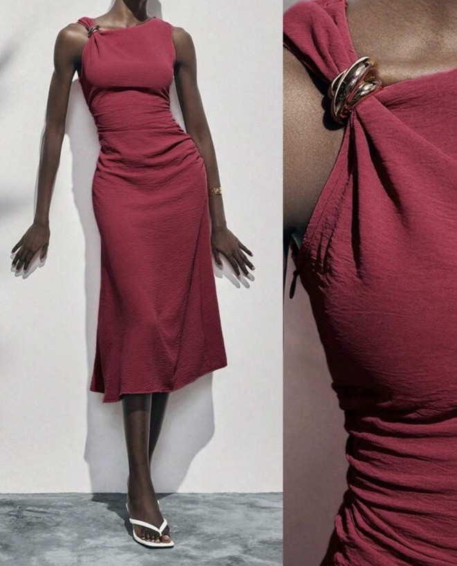 Red Solid Knit Polyester V-Neck Ruched Ring A-Line Midi Dress Sleeveless M