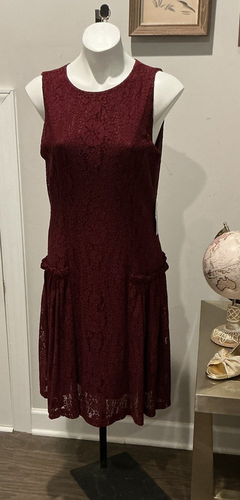 Gabby Skye Burgundy Floral Lace Round Neck Sleeveless Lined A-Line Dress 14 NWT