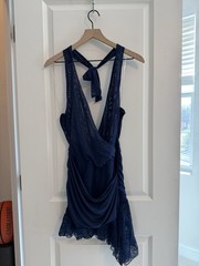 Peppermayo Raphaela Mini Dress -Navy Ruched Lace Hem Open Back V-Neck AU 8/US 4
