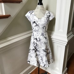 Charlotte Brody A-Line Sheath Dress Womens 4 Gray White Floral Fit & Flare Silk