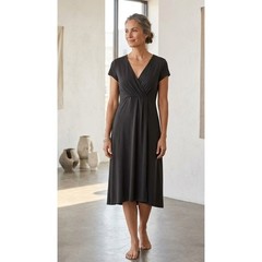Eileen Fisher Black Organic Cotton Faux Wrap V-Neck Midi Dress Womens Medium