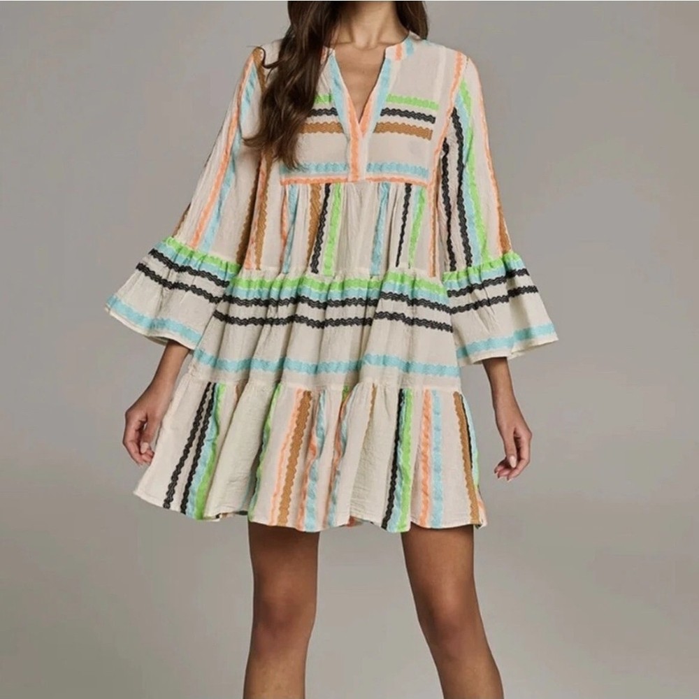 DEVOTION TWINS Ella Tiered Mini Tunic Dress Jacquard Boho Flared Ruffle Sz Small