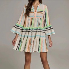 DEVOTION TWINS Ella Tiered Mini Tunic Dress Jacquard Boho Flared Ruffle Sz Small