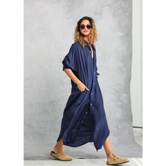 Mamene Phoebe Shirt Dress Silk Blue Long Sleeve Maxi Oversized 1/S