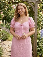 Scoop Sweet Pink Puff Sleeve Sweetheart Bow Midi Dress Cottagecore Sz XXL 20