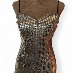 Roberta Gold Disk Sequins Flared Mini Dress 5/6 Vintage 80s 90s Party Prom Glam