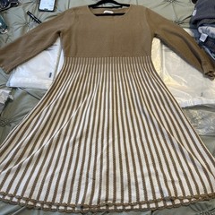 Calvin Klein Tan White Striped Fit and Flare Sweater Dress Scalloped Trim #268 L
