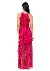 Betsy & Adam Fuchsia Poppy Halter Floral Printed Chiffon Maxi Dress Size 12 $259