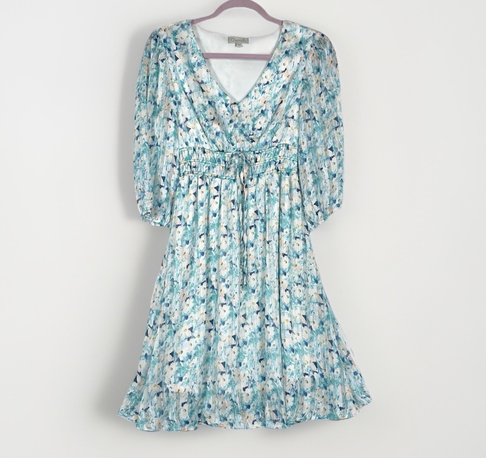 Chenault Light Blue And White Watercolor Floral Mini Dress Small Flowy V-neck