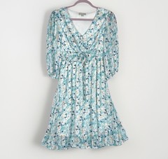 Chenault Light Blue And White Watercolor Floral Mini Dress Small Flowy V-neck