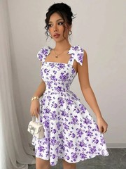 New Ditsy Floral Shoulder Tie Bow Waisted A-Line Dress，Women&rsquo;s Summer Clothing