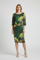 TRACY REESE Anthropologie Green Yellow Floral Silk Ruched Sheath Dress Size 4