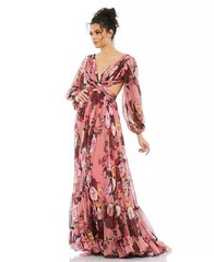 MAC DUGGAL Size 0 Pink 67946 Floral Cutout Open Back Blouson Sleeve Dress Gown