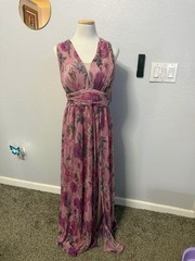 R&M Richards Women&rsquo;s 14W Pink Purple Floral Pleated V-Neck Sleeveless Maxi