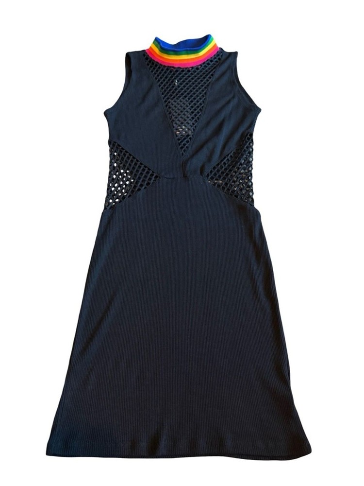 Jaded London Black Bodycon Dress Cutout Mesh Rainbow Collar Size Small NWT