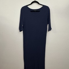 Eileen Fisher Blue Ribbed Knit V-Neck 3/4 Sleeve Midi T-Shirt Dress LG