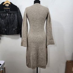 Commense Stacking V-Neck Split Breasted Knit Sweater Dress Beige Bell Sleeve SML