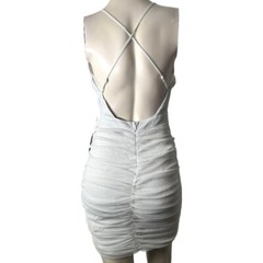 🆕Silver Metallic Threaded Cami Low Cut Ruched Open Back Nylon Mini Dress~Size S