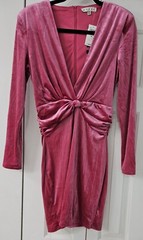 Hyfve Pink Velvet low cut V-neck long sleeve dress gathered sides &back L NWT