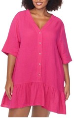 Raisins Curve Women’s 3X Plus Pink Solid V-Neck Half Sleeve Button Ruffle Shift