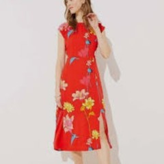 LOFT Red Floral Cap Sleeve Midi Dress Size 6 Tropical Rayon Slit Hem