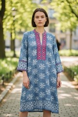 Bella Tu Tunic Dress Blue Floral Beaded Sequin 3/4 Sleeve Women’s Size M