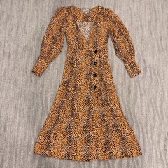 Ganni Leopard Print Midi Dress Button Logo Black Orange Designer Women’s Sz 36