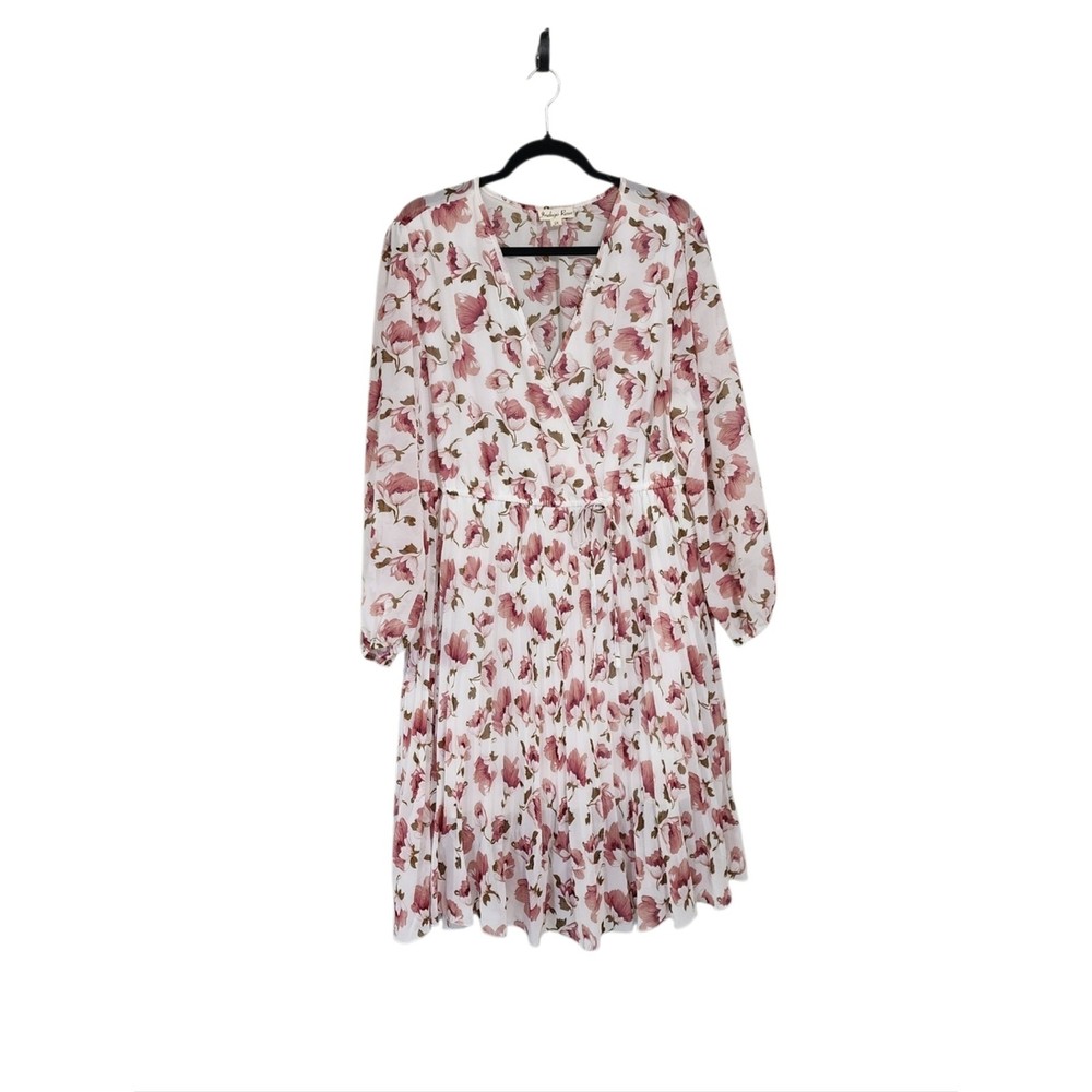 Indigo Rose Midi Dress 2X White Pink Floral Sheer Long Sleeve Pleated