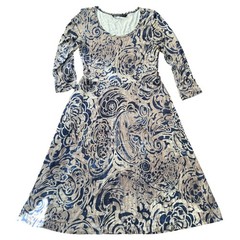 Peruvian Connection Blue Beige Swirl Midi Dress M Scoop Neck 3/4 Sleeve Artsy