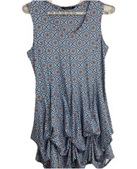 Tango Mango Dress XL Blue Floral Print Tiered Hem Sleeveless Bustled Beachy Boho